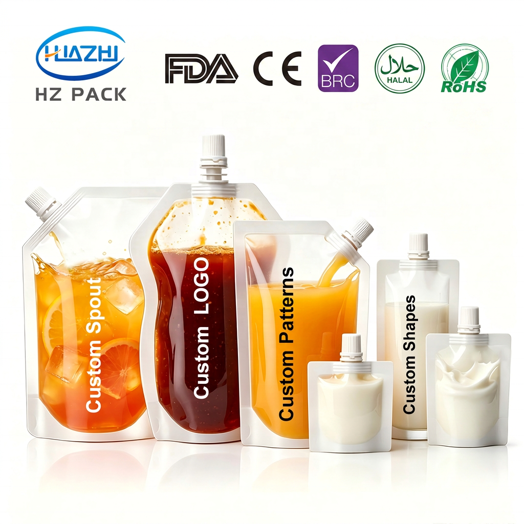 Custom Printed Food Grade Plastic Spout Pouch Reusable Stand up Liquid Doypack Bag for Drinks Juice Yogurt Beverage Packaging