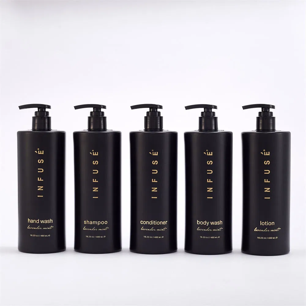 Minimalist Black Foil Wall-Mounted Hotel Bathroom Packaging for Large Bottle Shampoo Shower Gel Hair Conditioner Hand Soap