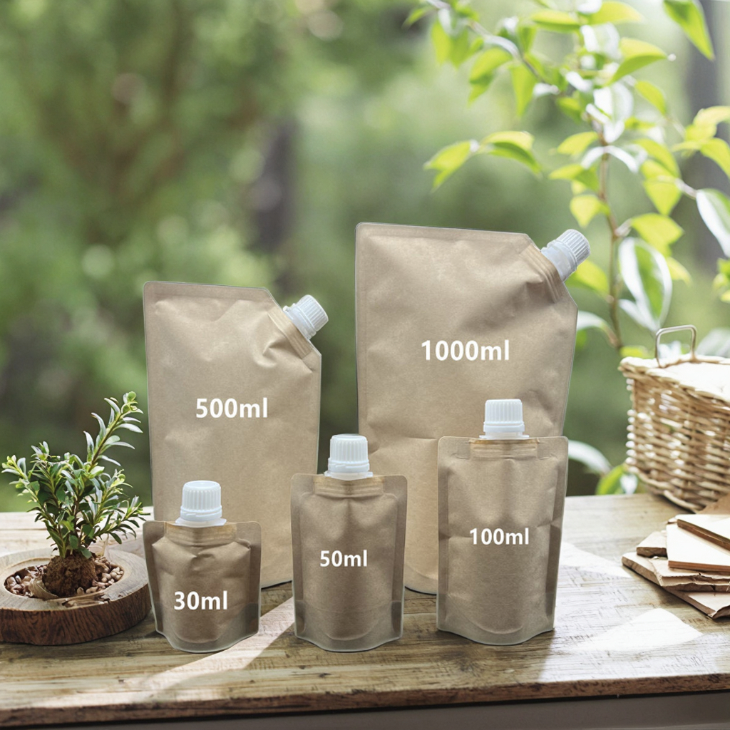 Custom Printed Biodegradable Stand Up Recyclable Liquid Laundry Cosmetic Shampoo Refill Kraft Paper Spout Pouch Packaging Bags