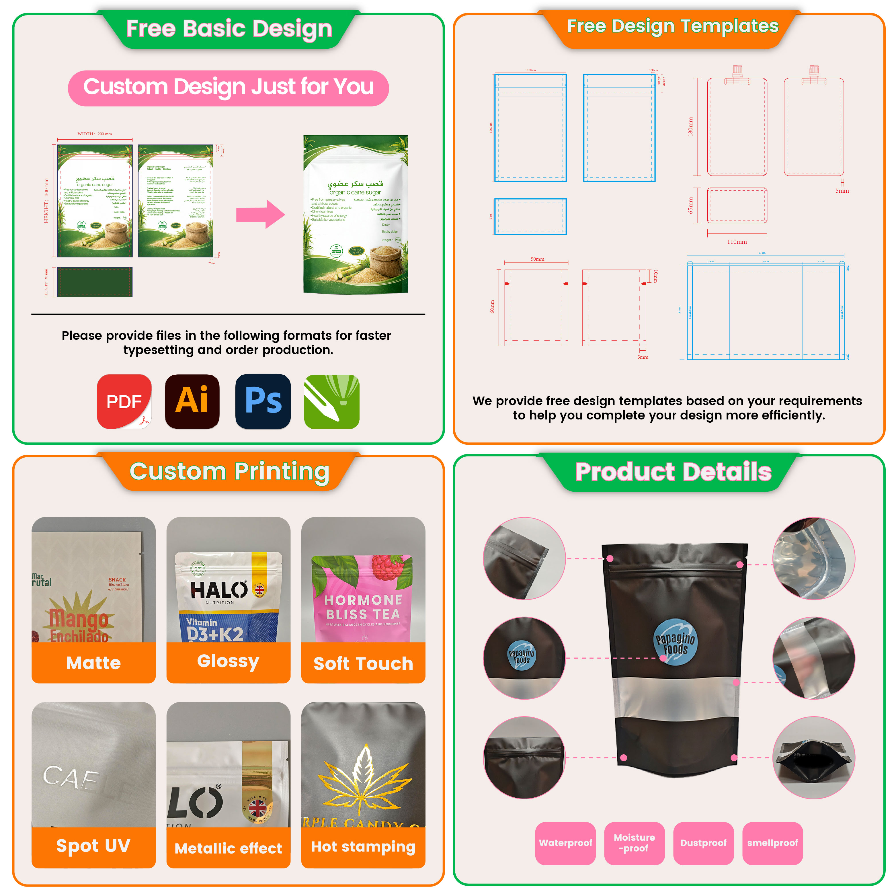 Custom Kraft Paper Packaging Digital Print Stand up Pouch with clear Window Powder Compostable Bags Coffee Packaging with Valve