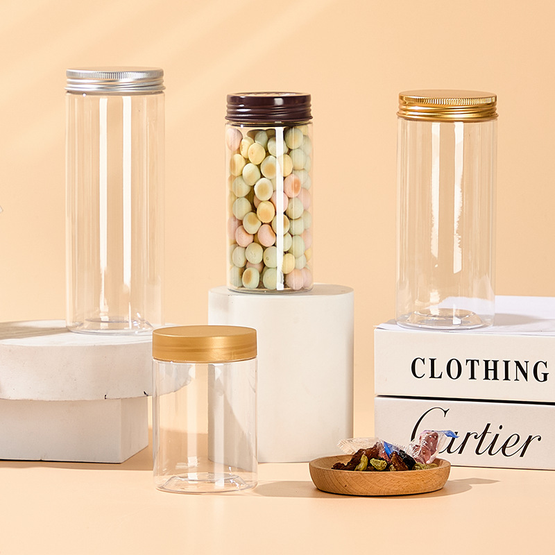 Source Direct Supply Cylindrical PET Plastic Food Packaging Jars with Crystal Lid and Easy Pull Feature Food Grade