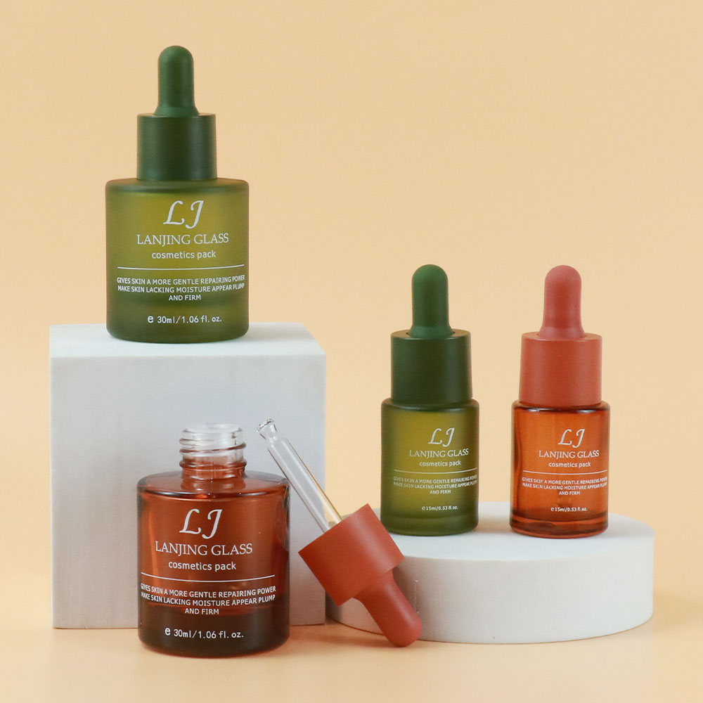 Personalized Logo Printed Dropper Brown Green Bottle Serum Oil Hair Essential Oil Bottle Cosmetics Packaging 15ml 30ml