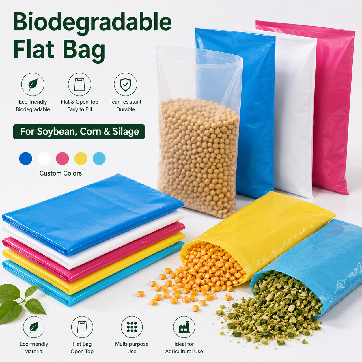 Custom Biodegradable PE Packaging Bag Eco Friendly Compostable Flat Bag Silk Screen Printing for Clothing Food Daily Products