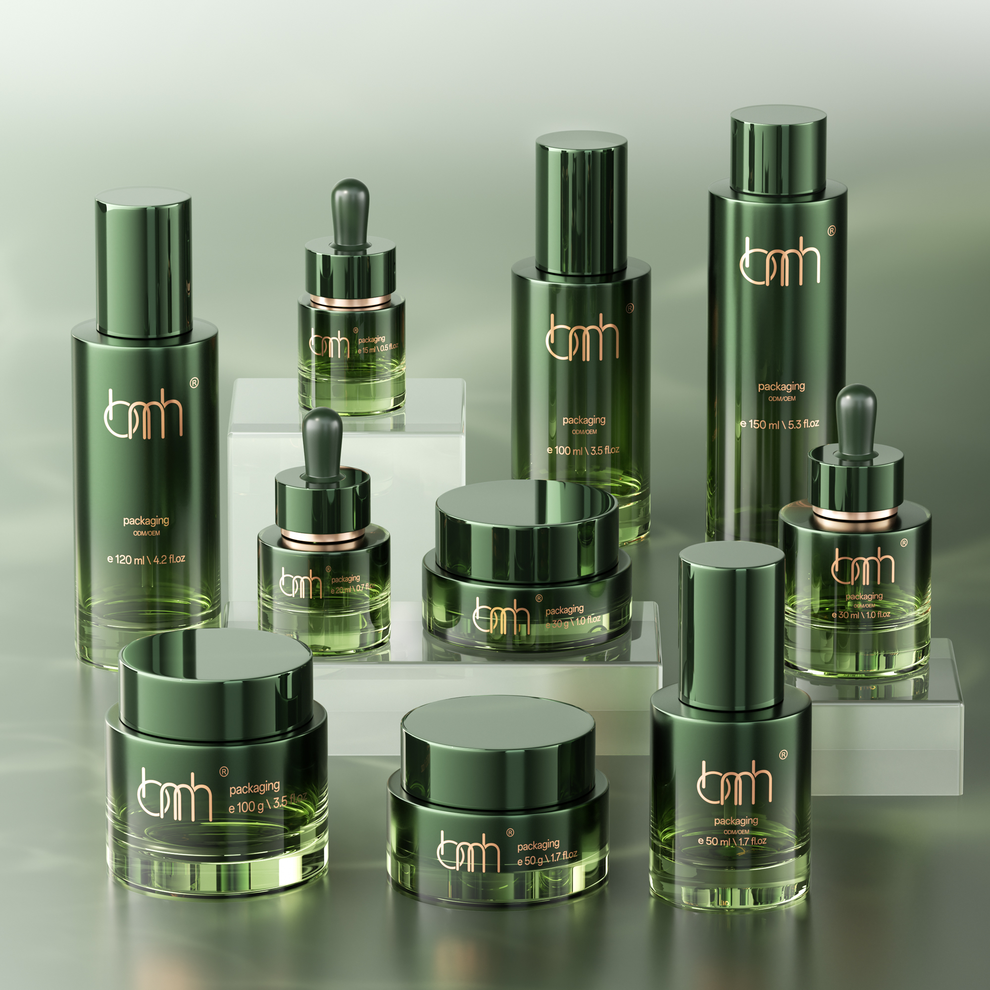 Luxury Glass Skincare Packaging Frosting Green Black Essential Oil Serum 30ml Glass Dropper Bottle