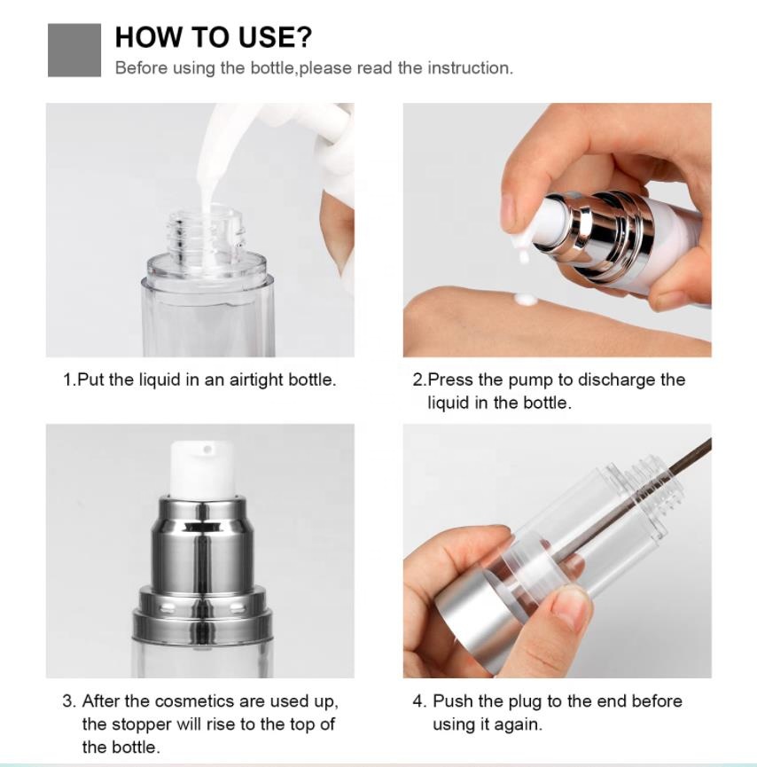 1oz 50 ml Face Cream Oil Spray Cosmetic Packaging 50ml 30ml 15ml 10ml 100ml Aluminum Silver AS Airless Pump Bottle for Lotion