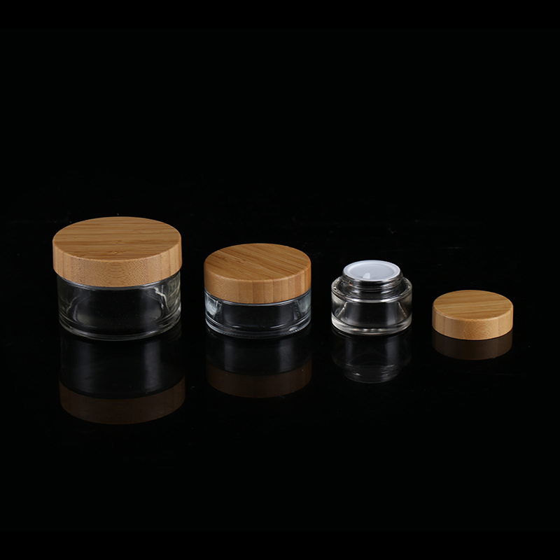 Natural Bamboo Cap Skincare Body Cosmetic Packaging 50g Glass Empty Container Clear Cream Jars With Lid
