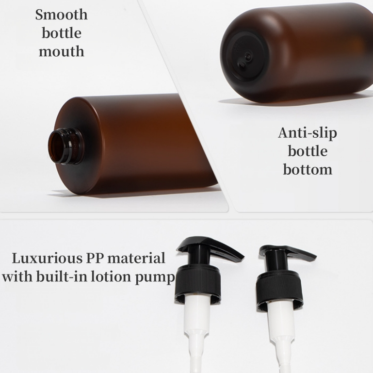 Custom Logo Screen Printed Frosted Amber PET Cylinder Bottles 250ml/300ml/500ml For Shampoo Conditioner Body Wash Packaging