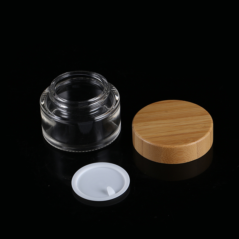 Natural Bamboo Cap Skincare Body Cosmetic Packaging 50g Glass Empty Container Clear Cream Jars With Lid