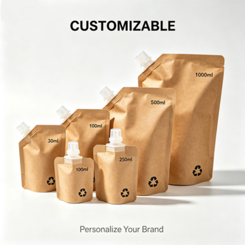 30ml 50ml 100ml 250ml 500ml 1000ml Liquid Juice Eco Friendly Recyclable Kraft Paper Stand Pouch Gravure Printing Packaging Bag