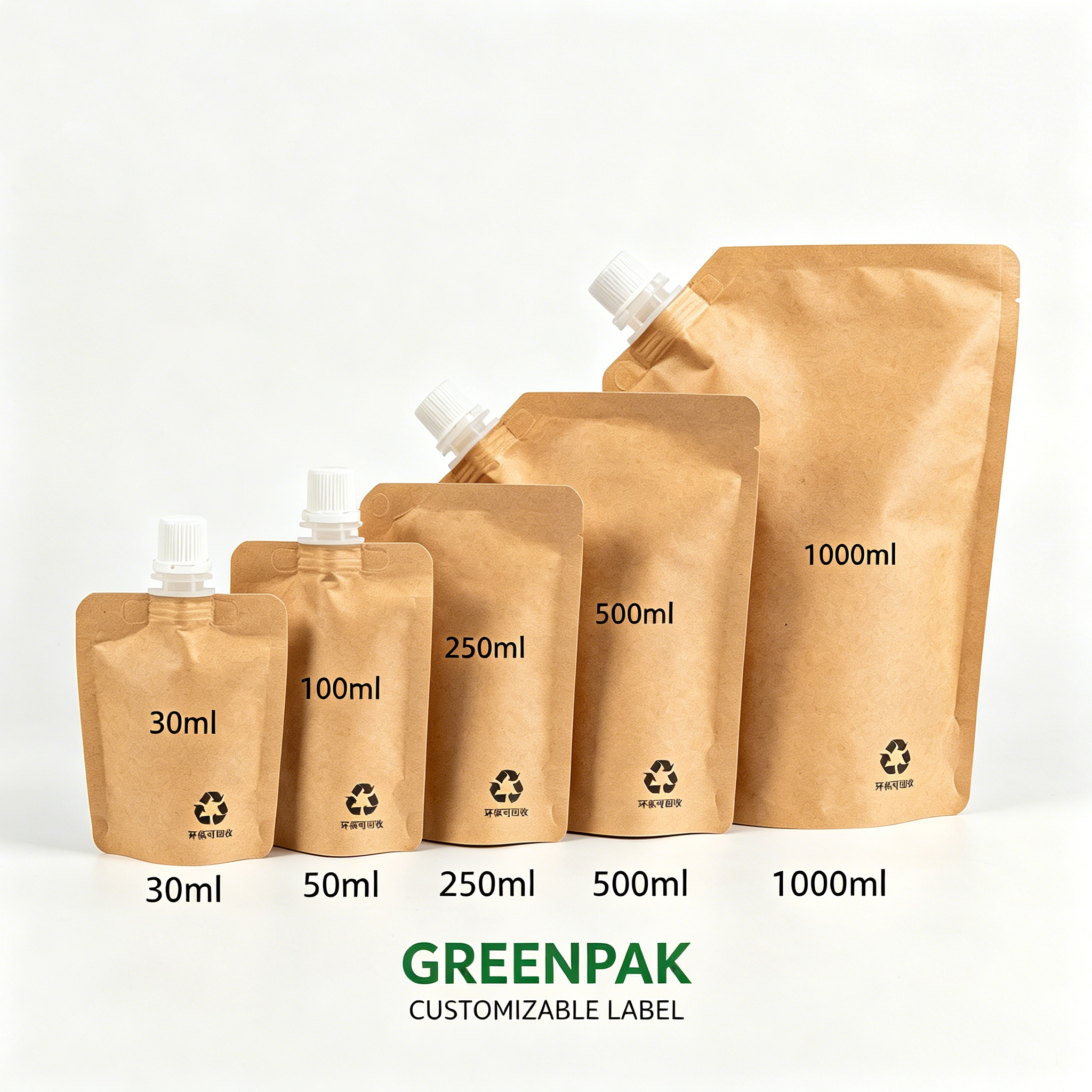 30ml 50ml 100ml 250ml 500ml 1000ml Liquid Juice Eco Friendly Recyclable Kraft Paper Stand Pouch Gravure Printing Packaging Bag