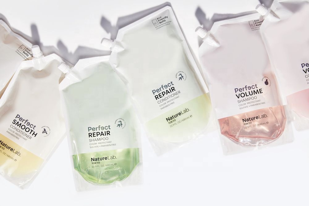 Custom Printed Laminated Material Stand up Pouch With Corner Spout for Laundry Detergent Refill and Beverage Packaging