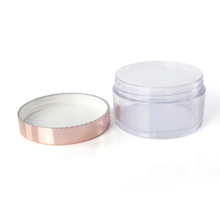 Round Cosmetic Containers Packaging Wholesale PETG clear Empty Plastic Jars With Lids with Shiny Golden Rose Lid in Stock