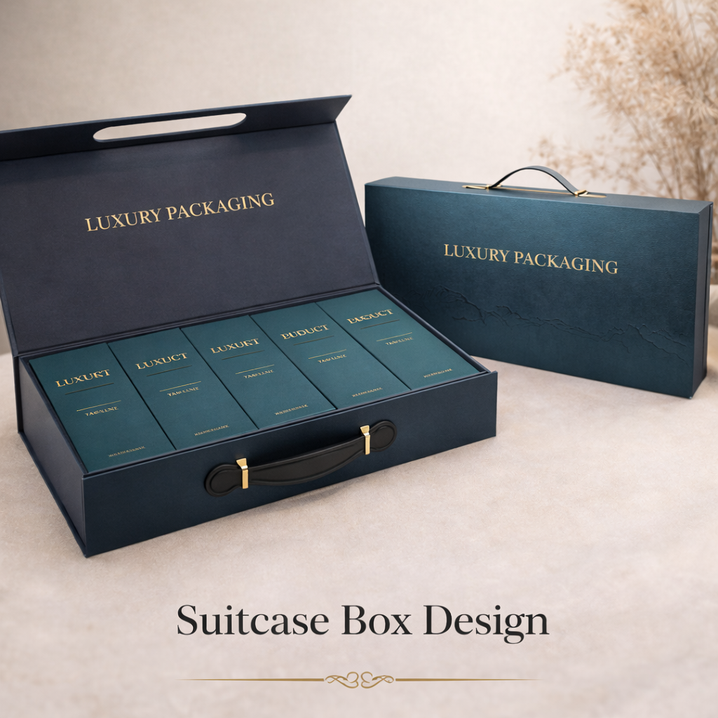 Custom Suitcase Gift Box Magnetic Closure Glossy/Matt Lamination UV Recyclable High-End Portable Rigid Packaging Case Custom