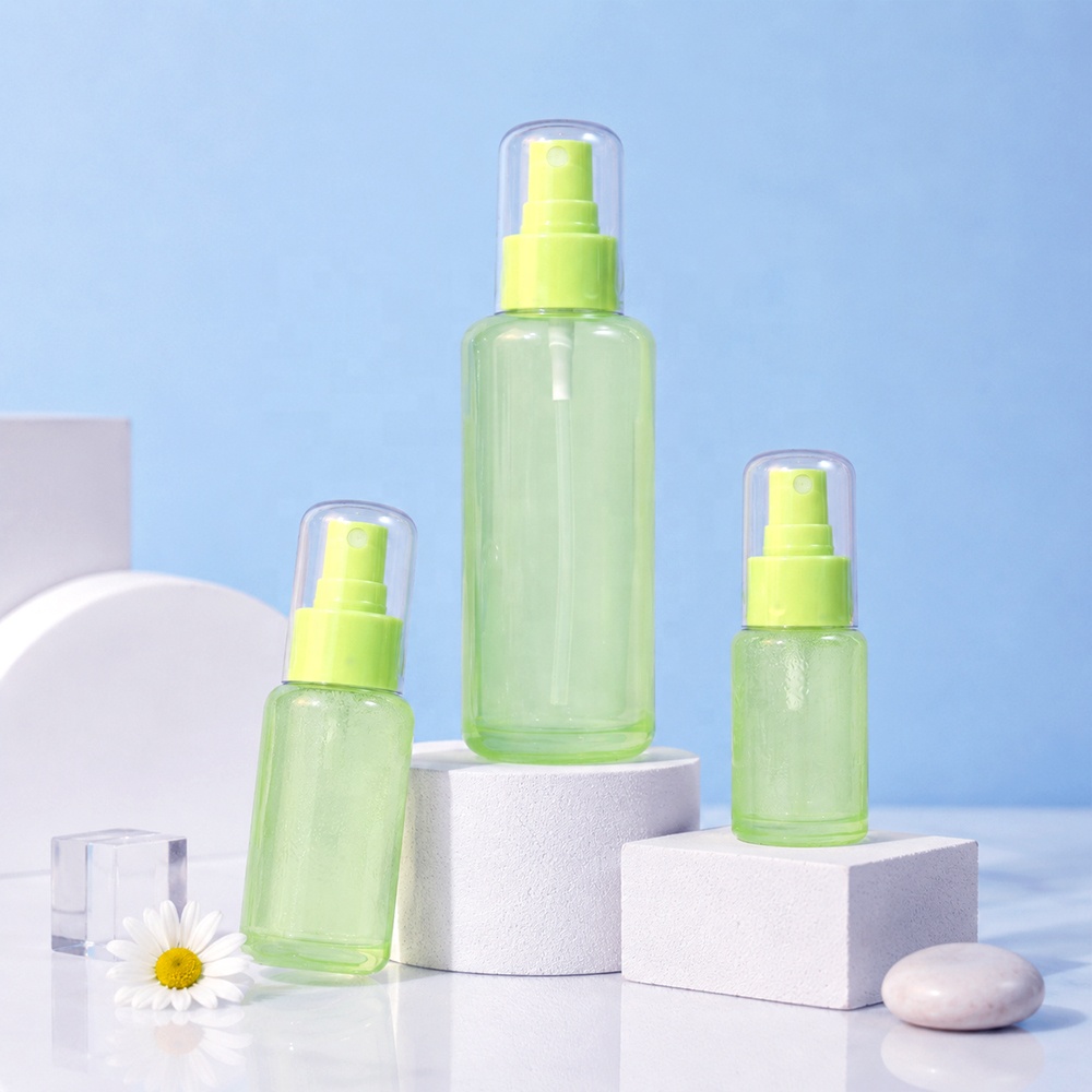 Skincare Packaging Glass Bottle Light Green Spray Pump Bottle 30ml 50ml 100ml Custom Logo Empty Cosmetic Liquid Container