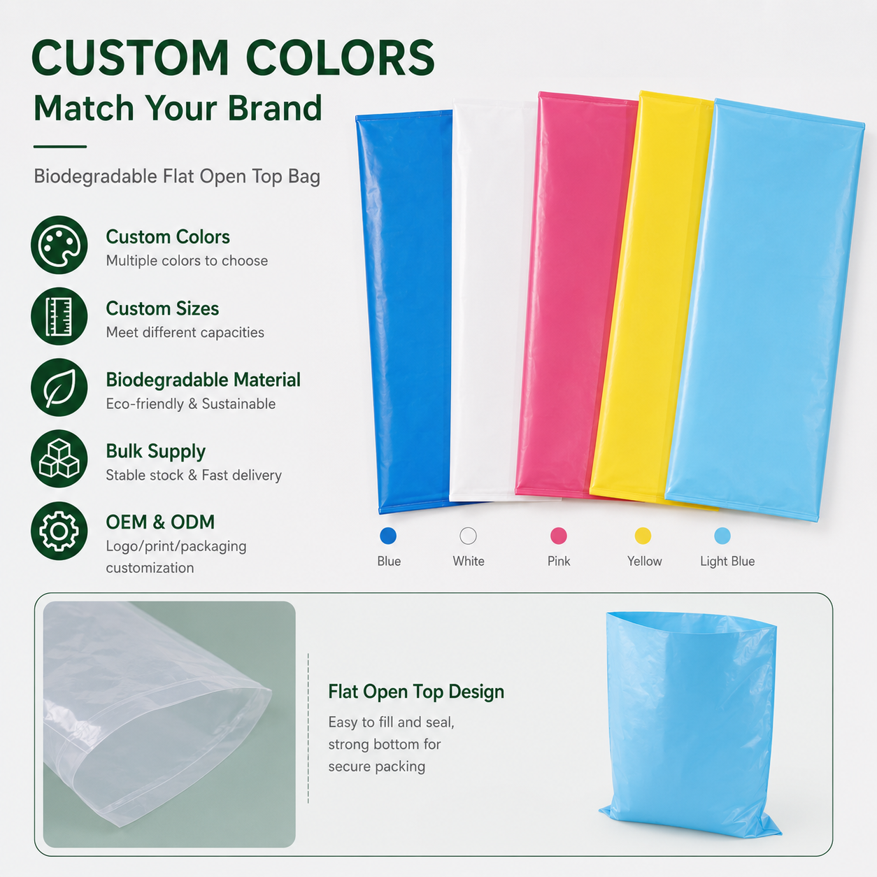 Custom Biodegradable PE Packaging Bag Eco Friendly Compostable Flat Bag Silk Screen Printing for Clothing Food Daily Products
