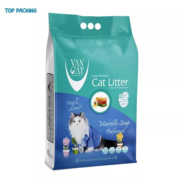 Manufacturer Wholesale Customized Printing Stand up Pouch with Finger Tote Hole Quad Side Seal Bag Cat Litter Packaging