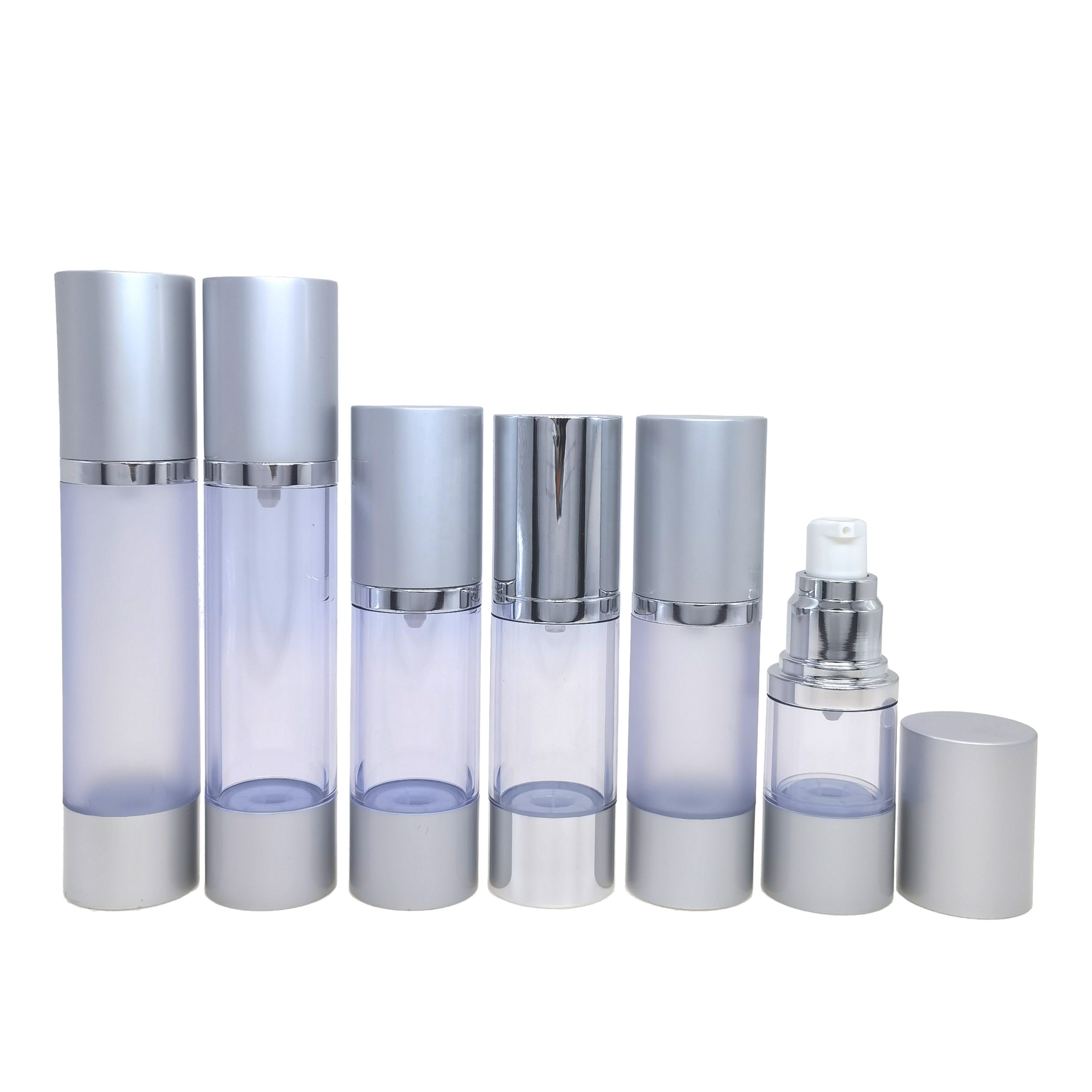 15ml 30ml 50ml 100 ml Luxury Shiny Silver Aluminum Cosmetic Frosted Plastic Spray Silver Airless Pump Bottle