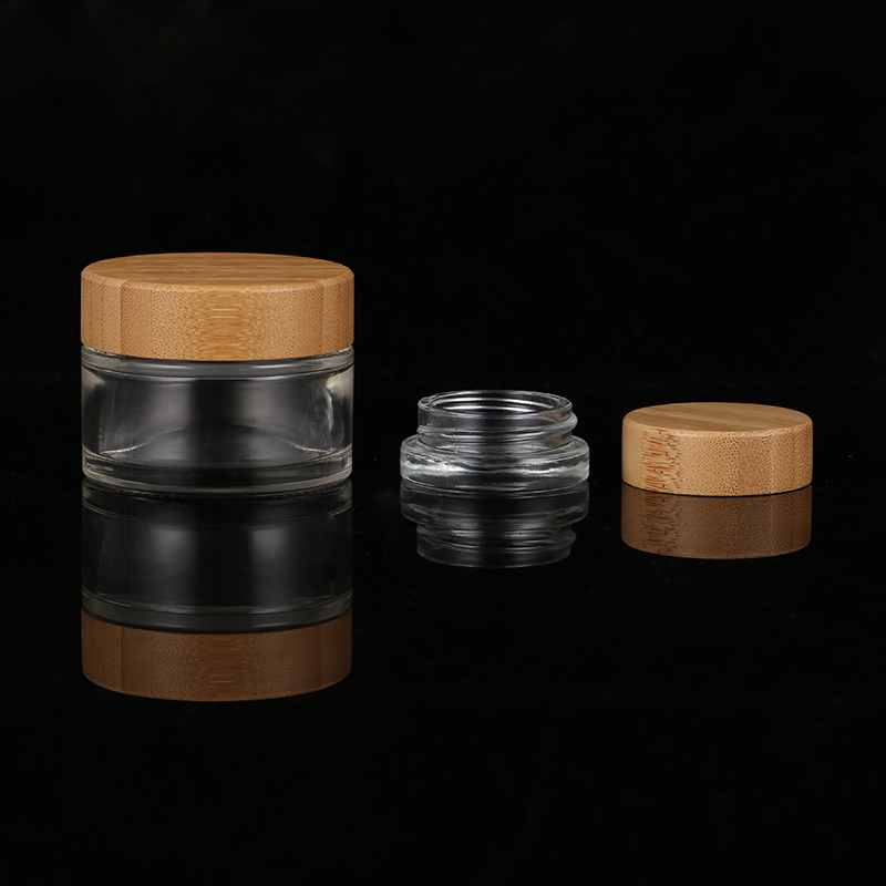 Natural Bamboo Cap Skincare Body Cosmetic Packaging 50g Glass Empty Container Clear Cream Jars With Lid