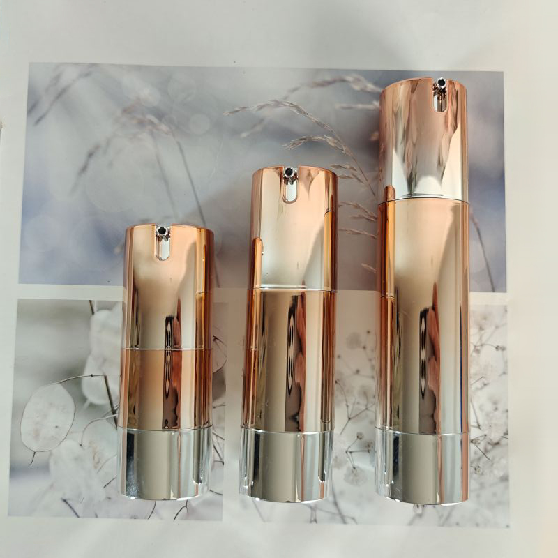 Custom Cosmetic Packaging Shiny Rose Gold Silver Empty Plastic 15ml 30ml 50ml Electroplated Uv Beak Airless Pump Bottle