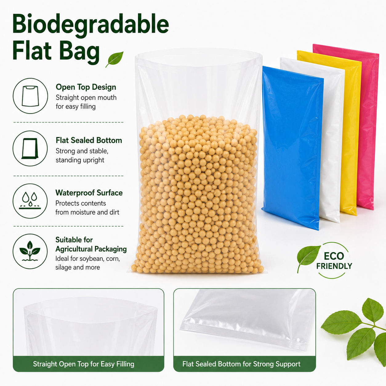 Custom Biodegradable PE Packaging Bag Eco Friendly Compostable Flat Bag Silk Screen Printing for Clothing Food Daily Products