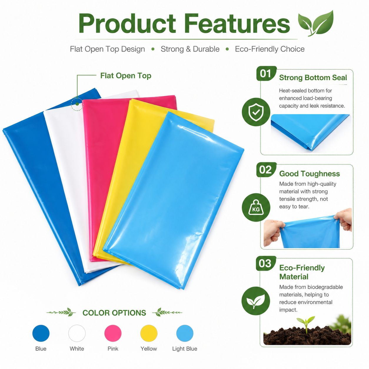Custom Biodegradable PE Packaging Bag Eco Friendly Compostable Flat Bag Silk Screen Printing for Clothing Food Daily Products