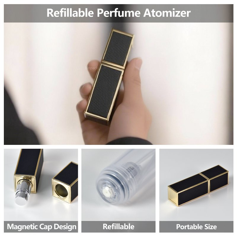 Fill Refillable 5ml Empty Square Atomizer Travel Size Pump Spray Perfume Fragrance Bottles with Leather by Kinpack