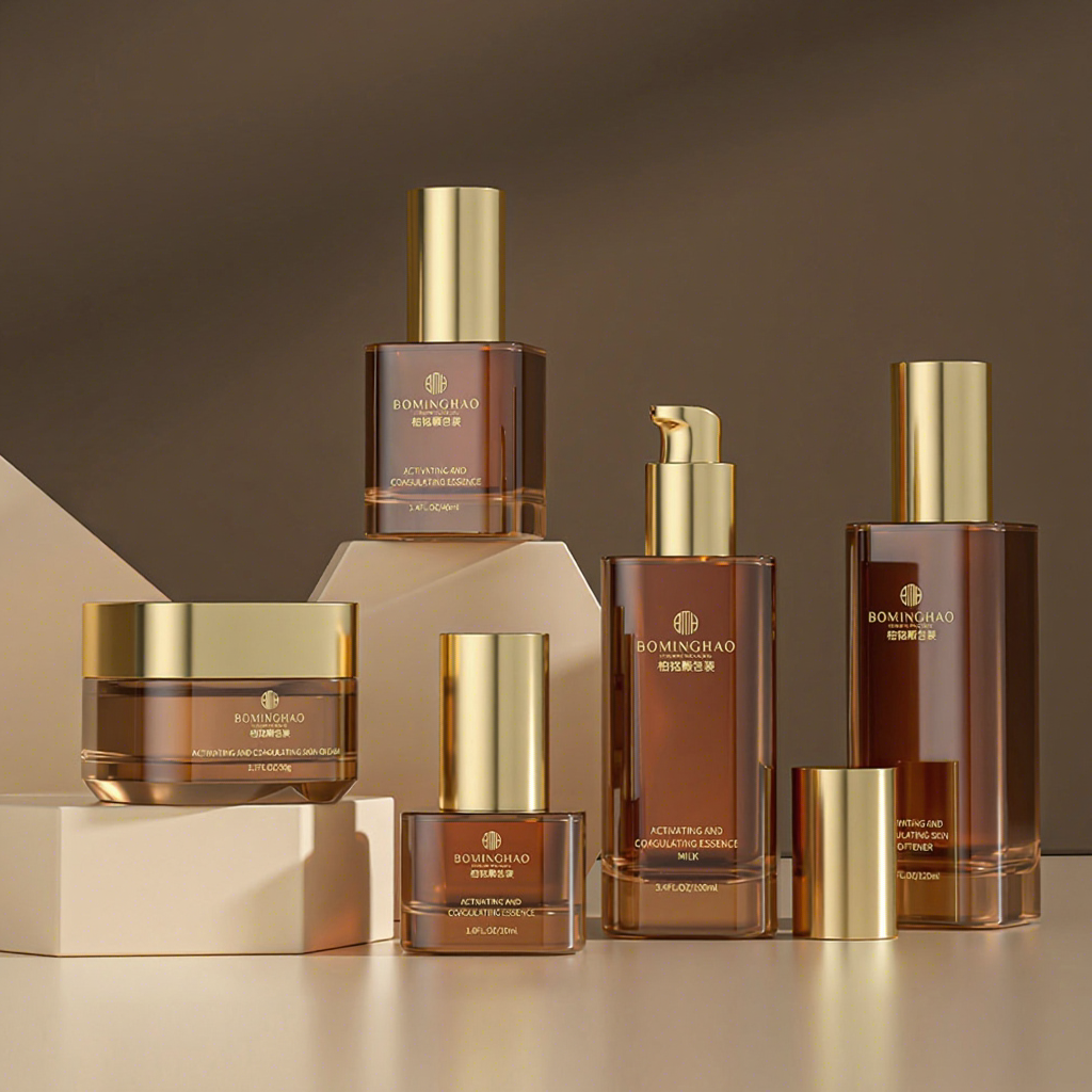 Luxury Cosmetic Glass Packaging Container 30ml 50ml 100ml 150ml Serum Bottle Lotion Matte Tan Glass Pump Brown Dark Green Bottle