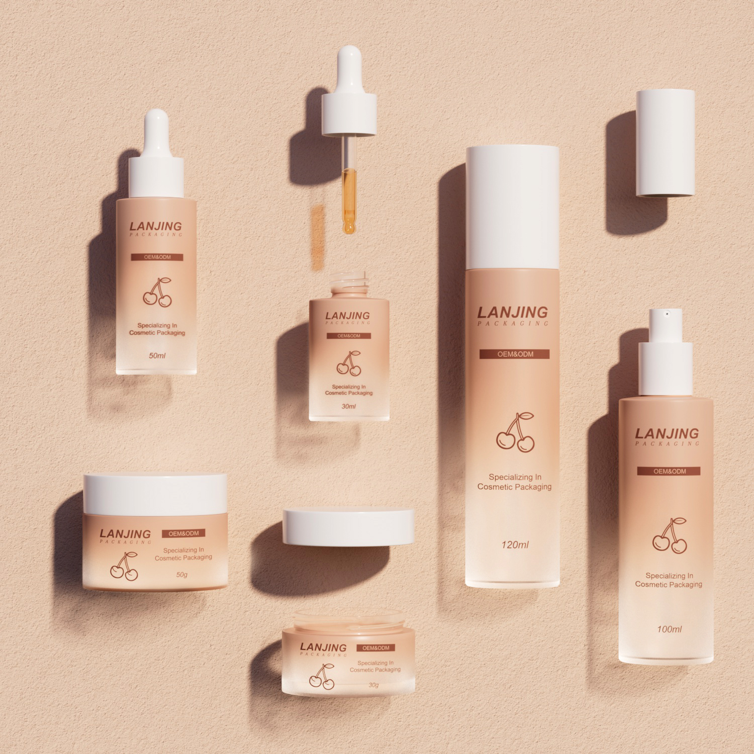 Customized 1oz Beige Cosmetic Skincare Packaging 30Ml Serum Bottle Cylinder Flat Shoulder Tincture Glass Dropper Bottle