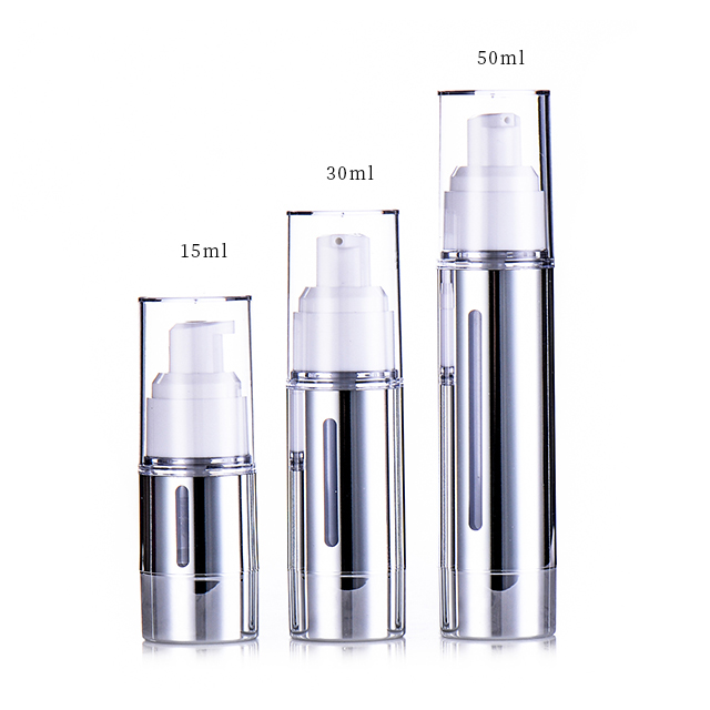 Custom 15ml 30ml 50ml 100ml Acrylic Body Cylinder Silver Aluminum Airless Pump Bottle for Cosmetic Serum Lotion Cream Packaging