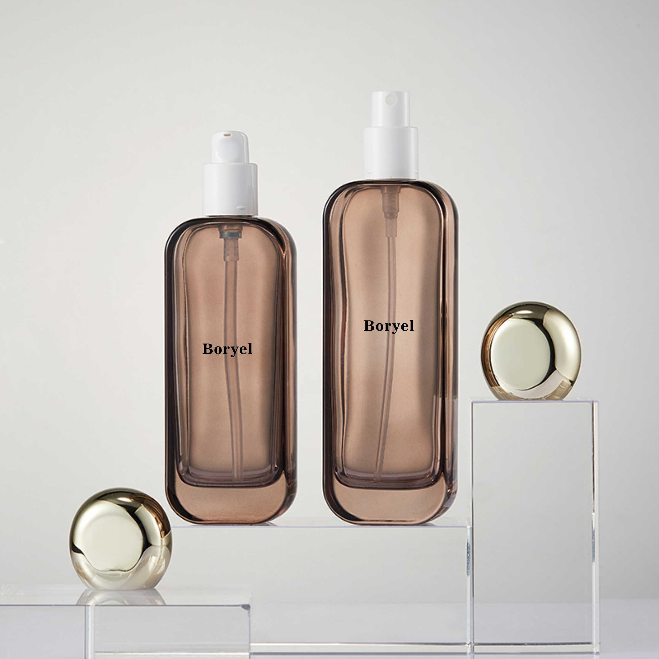 Luxurious Skincare Product Glass Bottle Set 30ml 50ml 100ml Brown Skincare Packaging Lotion Bottle with Pump Square Glass Jar