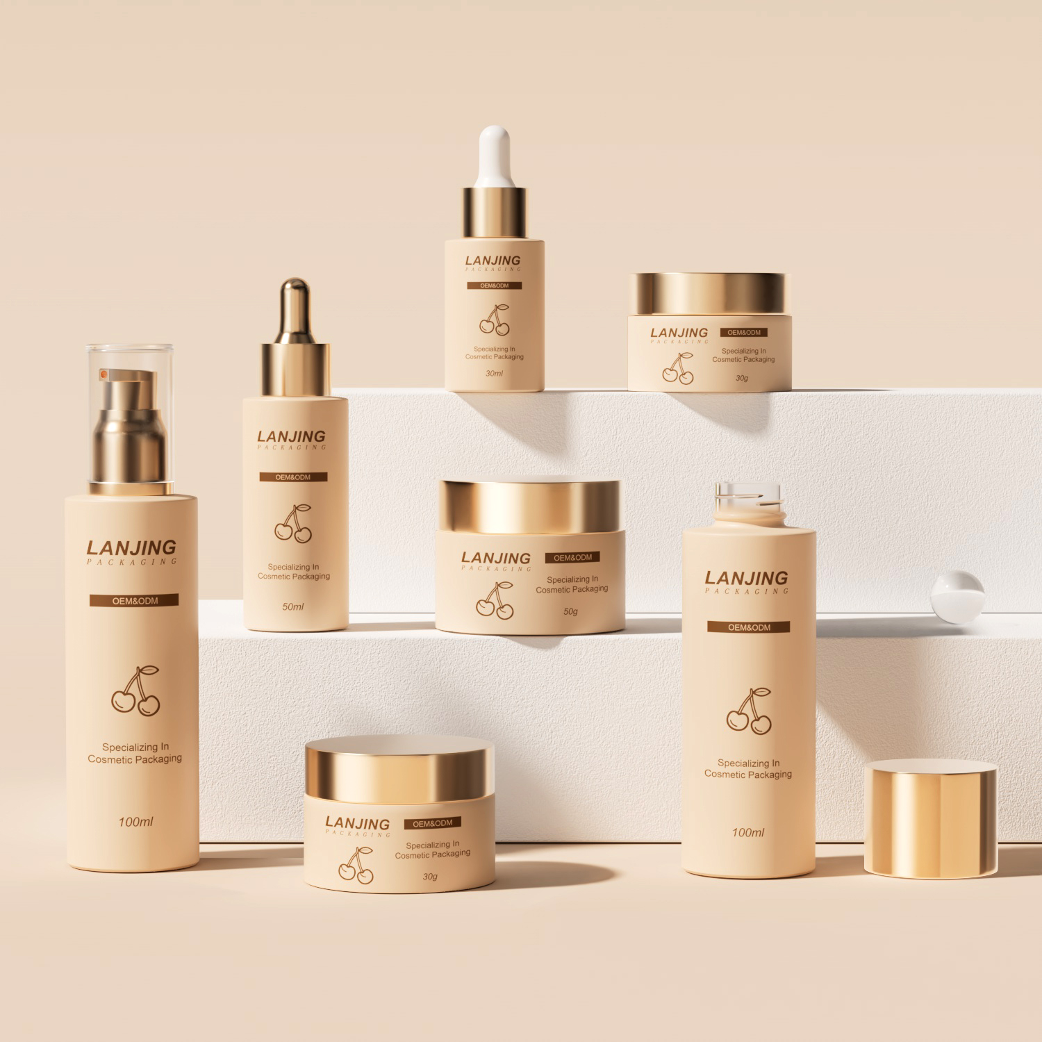 Customized 1oz Beige Cosmetic Skincare Packaging 30Ml Serum Bottle Cylinder Flat Shoulder Tincture Glass Dropper Bottle