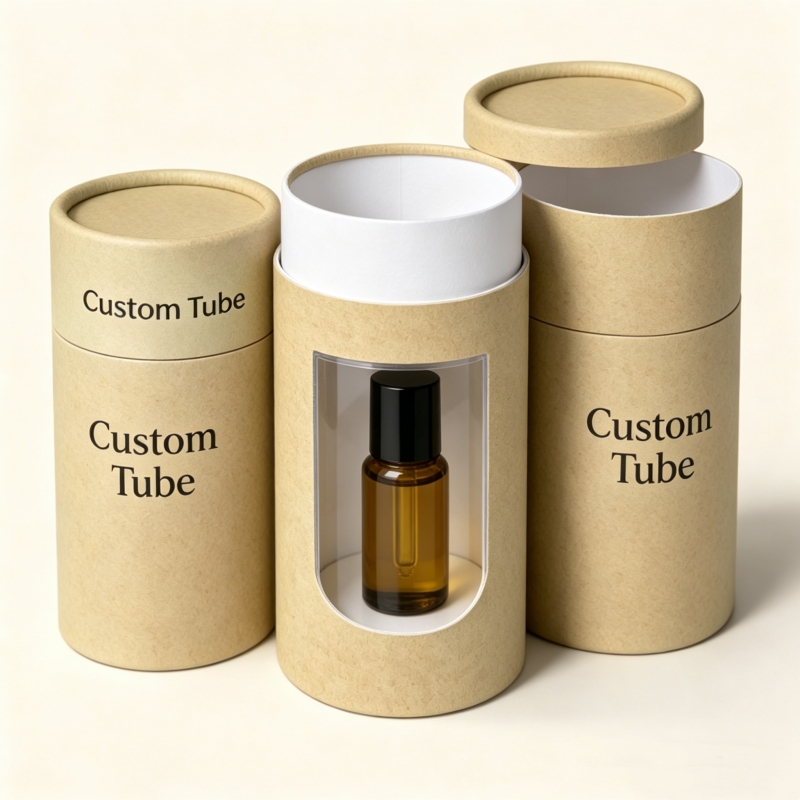 Custom Printing Logo Kraft Round Paper Tube Cylinder Cardboard Vials Bottle Box Tube With PVC Window For Cosmetic Oil Packaging