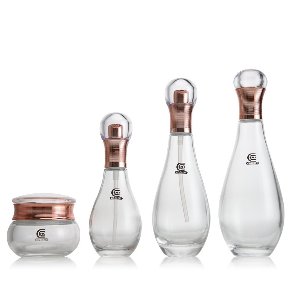 Luxury Bowling Shaped Glass Cosmetic Packaging 50g Cream Jar with Lotion Pump 60ml 100ml 150ml Toner Oil Bottle