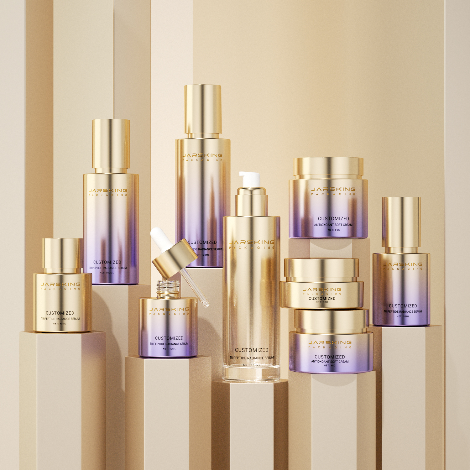 NEW Shape Luxury Thick Bottom Glass Skincare Packaging Cylinder Empty Toner Bottle Jar Set for Cosmetic Cream