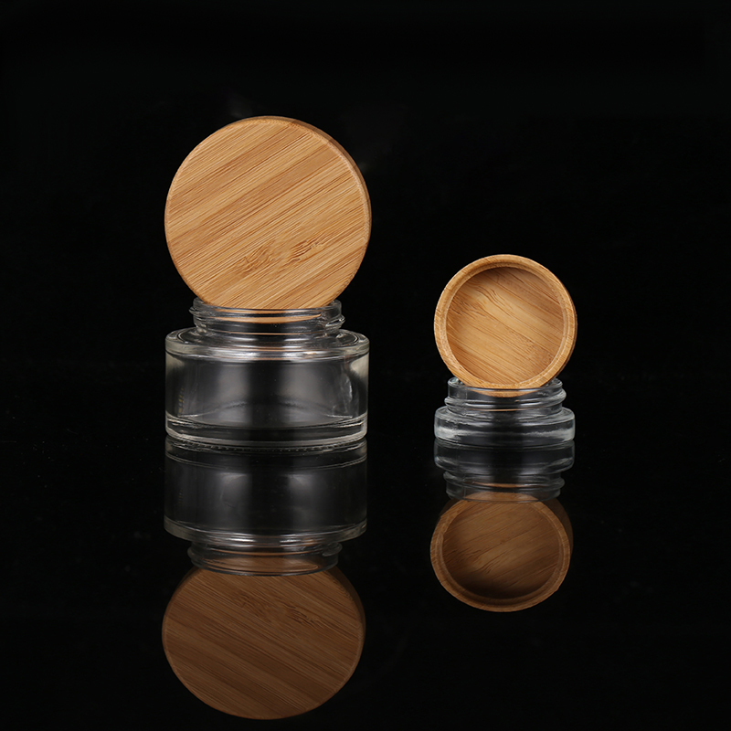 Natural Bamboo Cap Skincare Body Cosmetic Packaging 50g Glass Empty Container Clear Cream Jars With Lid
