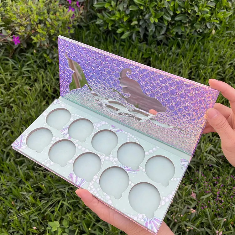 Fish Scale Mermaid Holographic Glitter Multichrome Eyeshadow Palette Makeup 10 Empty Magnetic Pans Cosmetic Eye Shadow Paper Packaging