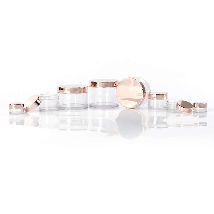 Round Cosmetic Containers Packaging Wholesale PETG clear Empty Plastic Jars With Lids with Shiny Golden Rose Lid in Stock