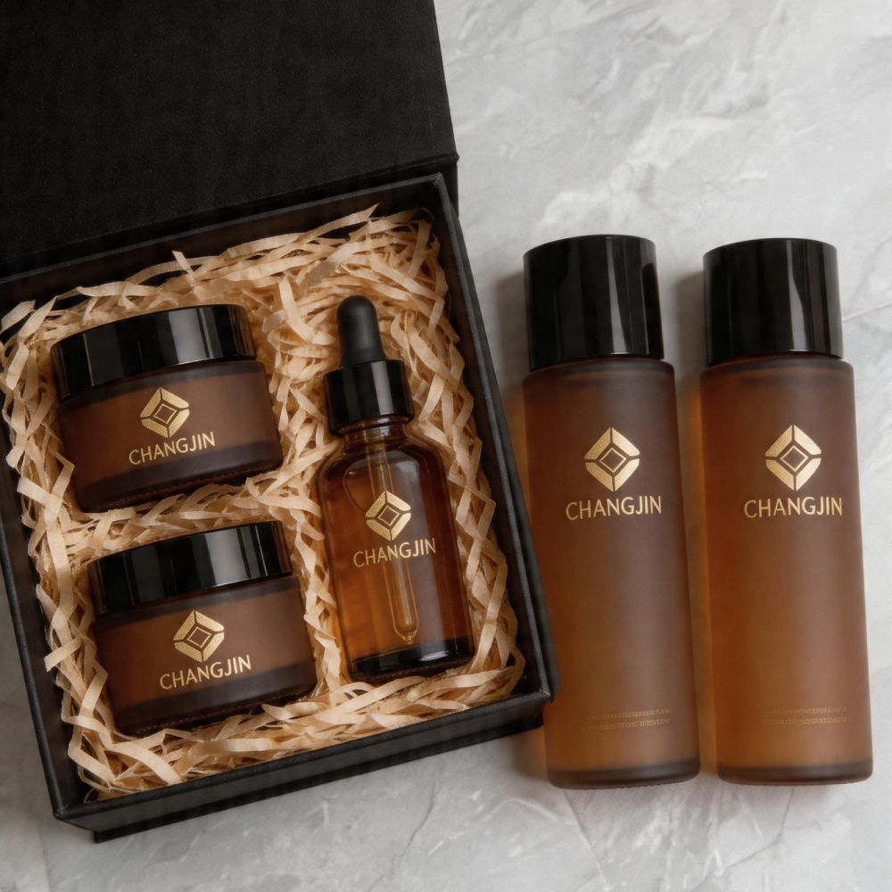 Luxury Glass Skin Care Cosmetic Bottle and Jar Set Empty Custom Frosted Brown Makeup Packaging Container