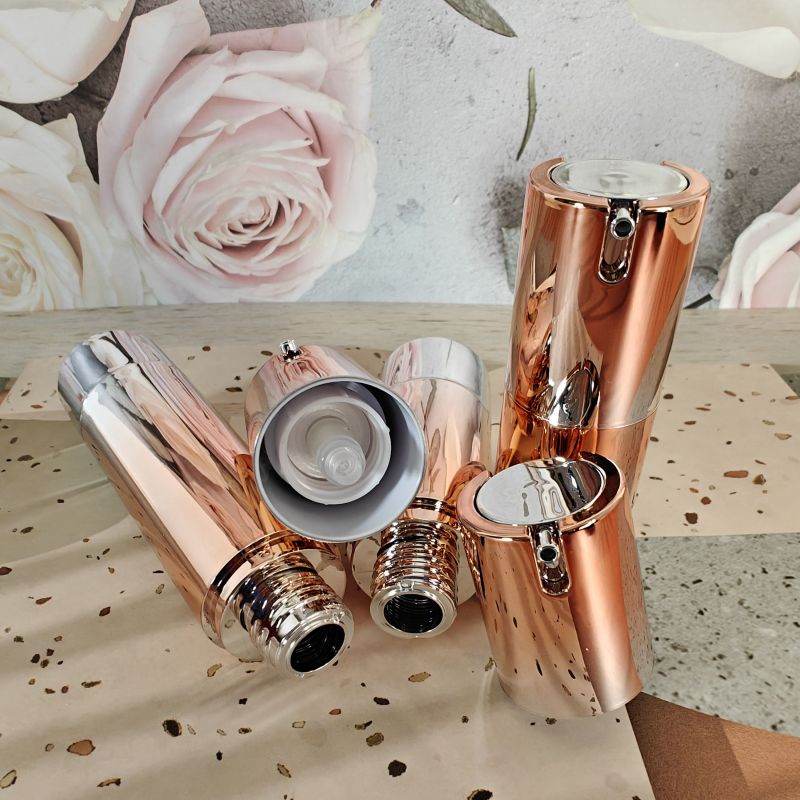 Custom Cosmetic Packaging Shiny Rose Gold Silver Empty Plastic 15ml 30ml 50ml Electroplated Uv Beak Airless Pump Bottle