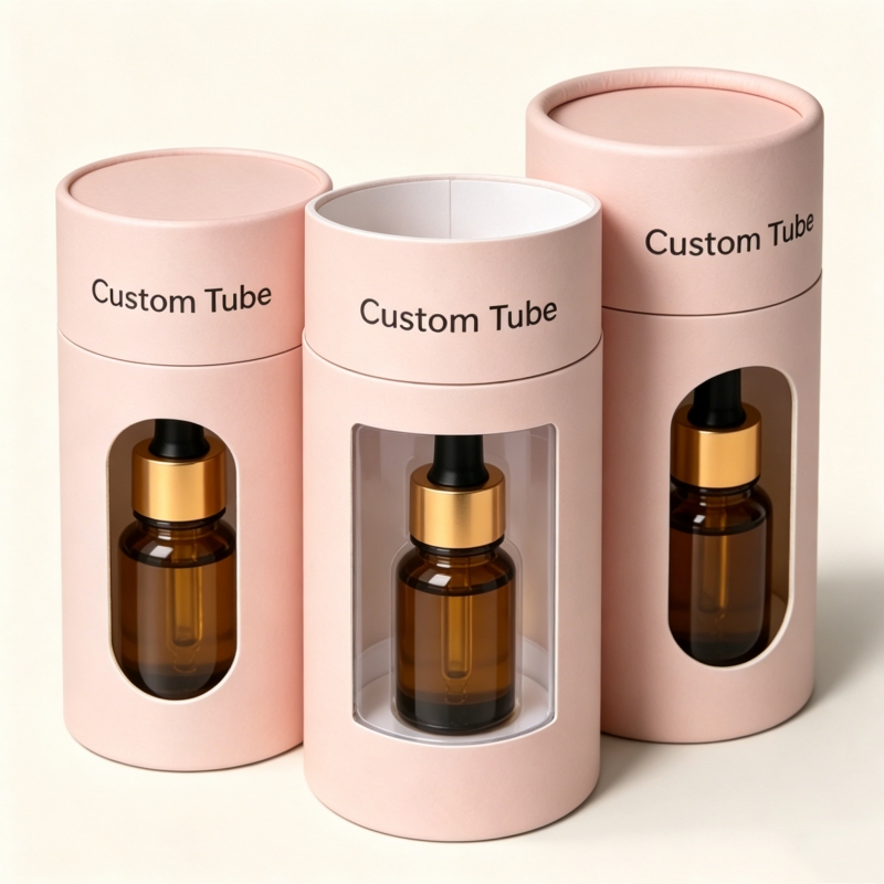 Custom Printing Logo Kraft Round Paper Tube Cylinder Cardboard Vials Bottle Box Tube With PVC Window For Cosmetic Oil Packaging