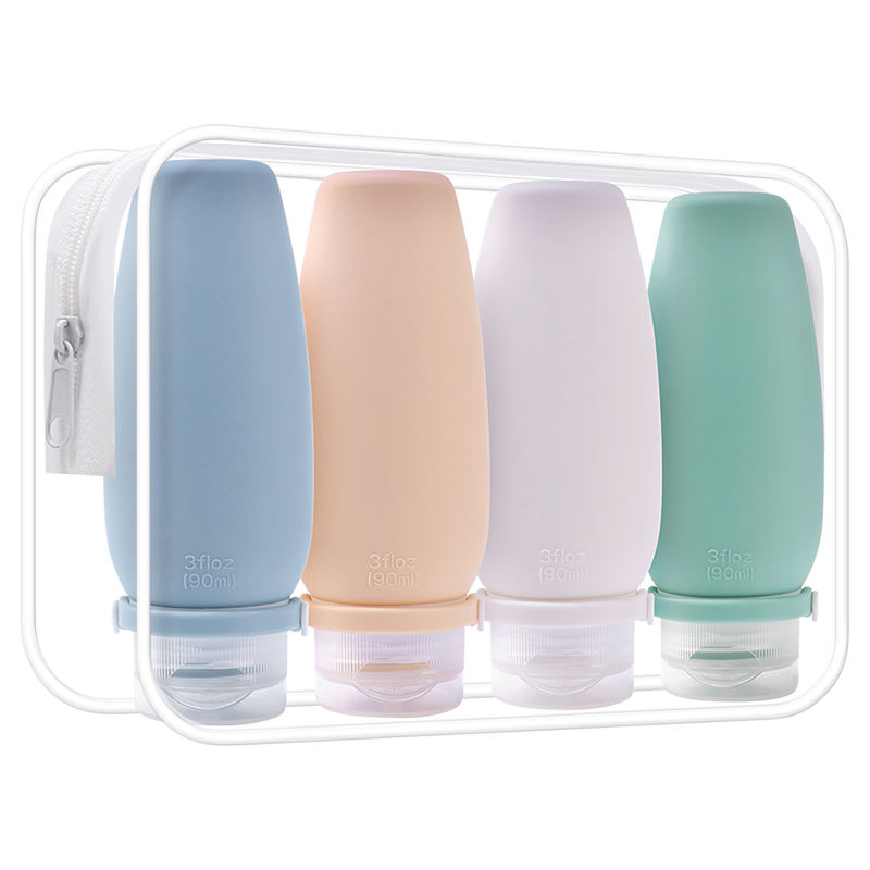 Top Picks Tsa Carry on Approved 4 in 1 Pack 90ml 60ml Reusable Silicone Squeeze Travel Size Cosmetic Toiletry Kit Bottle Set Bottles with Clear PVC Bag
