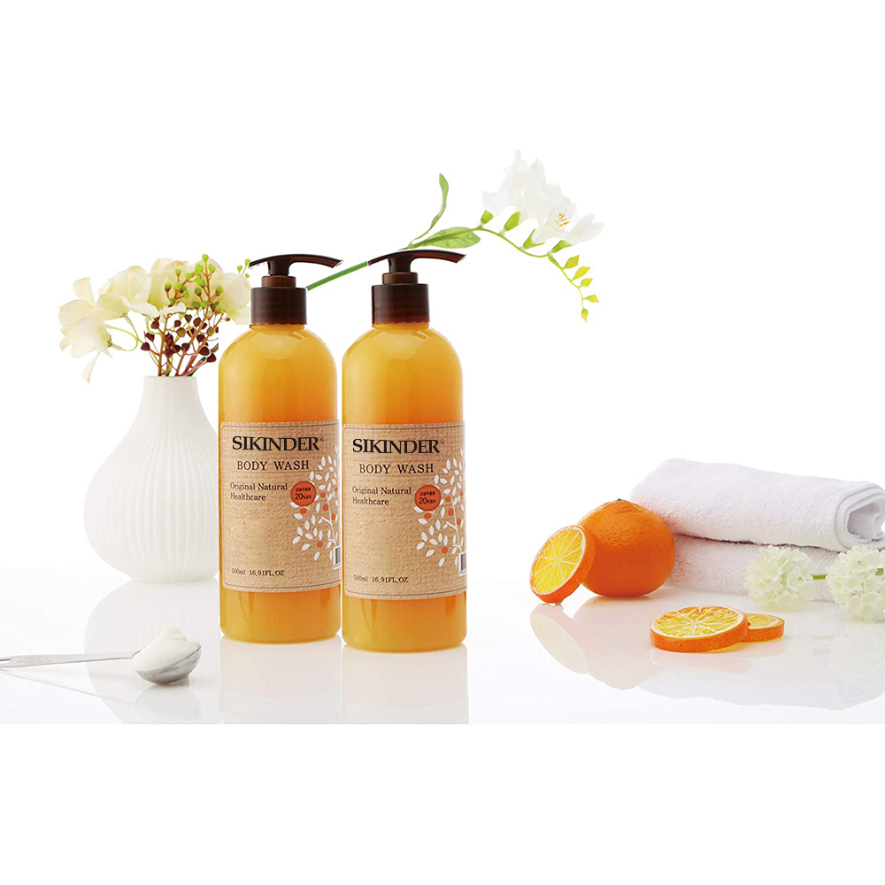 Private Label Vitamin C Herbal Fragrance Liquid Shower Gel & Body Wash Set with Exfoliator Customized Packaging