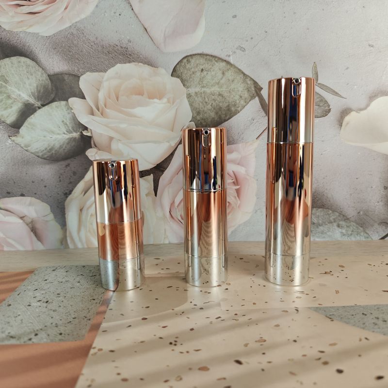 Custom Cosmetic Packaging Shiny Rose Gold Silver Empty Plastic 15ml 30ml 50ml Electroplated Uv Beak Airless Pump Bottle