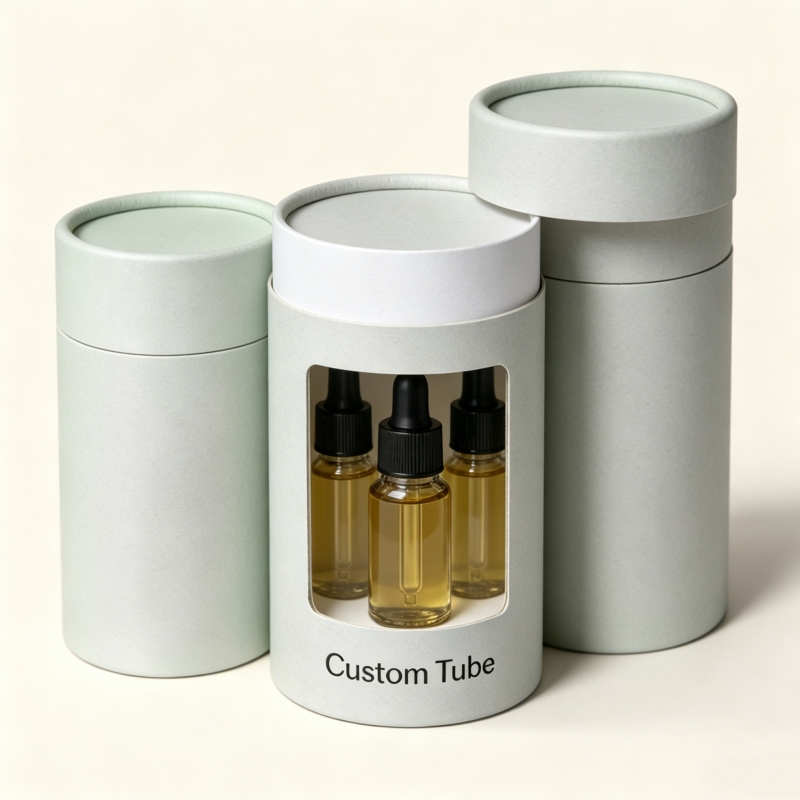 Custom Printing Logo Kraft Round Paper Tube Cylinder Cardboard Vials Bottle Box Tube With PVC Window For Cosmetic Oil Packaging
