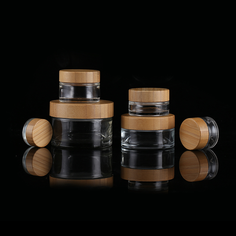 Natural Bamboo Cap Skincare Body Cosmetic Packaging 50g Glass Empty Container Clear Cream Jars With Lid