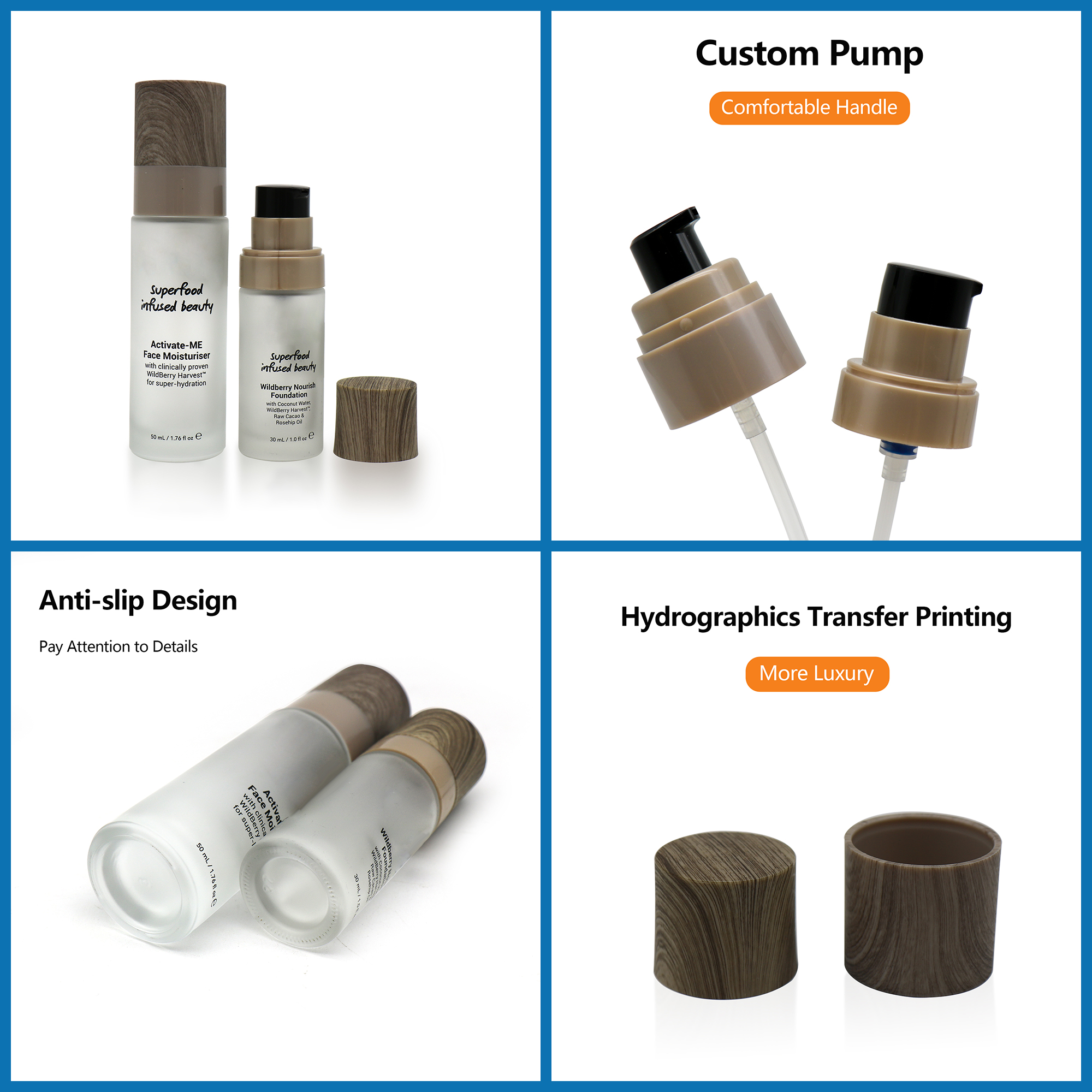 Custom Skin Care Cosmetic Packaging 30ml 50ml Liquid Foundation Container Glass Bottle with Serum Lotion Pump
