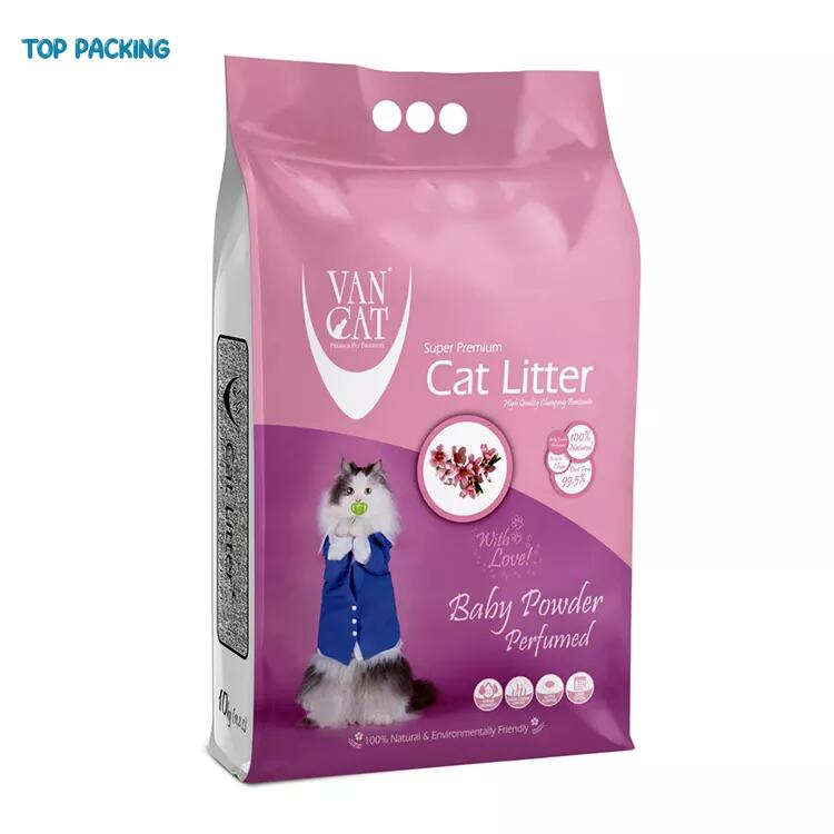 Manufacturer Wholesale Customized Printing Stand up Pouch with Finger Tote Hole Quad Side Seal Bag Cat Litter Packaging
