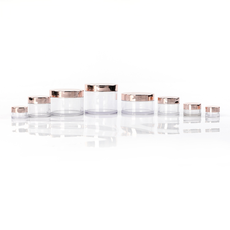 Round Cosmetic Containers Packaging Wholesale PETG clear Empty Plastic Jars With Lids with Shiny Golden Rose Lid in Stock