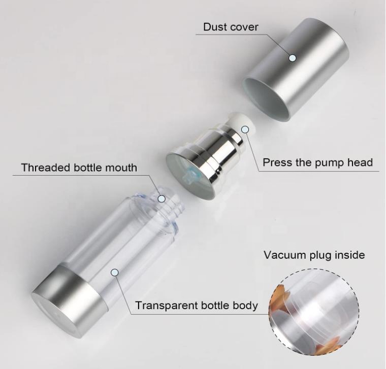 1oz 50 ml Face Cream Oil Spray Cosmetic Packaging 50ml 30ml 15ml 10ml 100ml Aluminum Silver AS Airless Pump Bottle for Lotion