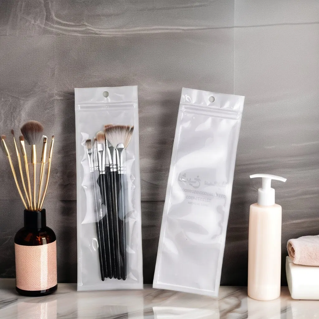Custom Three Side Seal Zipper Pouch Pearlized Film Plastic Bag Pen Makeup Brush Packaging for Personal Care Gravure Printing